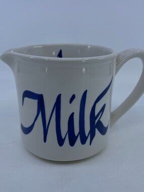 vintage white ceramic milk pitcher with blue script design & spout 1993